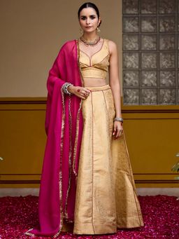 Baaro Masi - Golden Brocade Lehenga with Blouse and Dupatta (Set of 3)