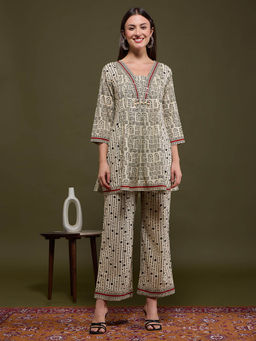 FASHOR - Women Off White Printed Embroidered Co-Ord Set