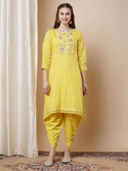 FASHOR - Women Yellow Woven Embroidered Kurta with Dhoti