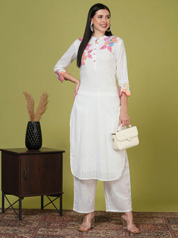 FASHOR - Women White Floral Embroidered Kurta with Palazzo