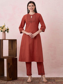FASHOR - Women Rust Embroidered Mirror Work Kurta with Pant