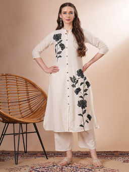FASHOR - Women Off White Floral Embroidered Kurta with Palazzo