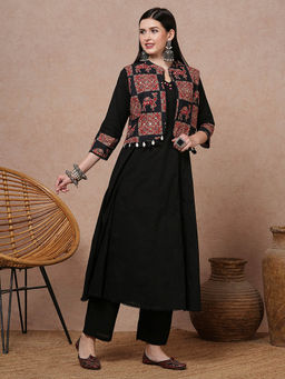 FASHOR - Women Black Printed Mirror Work Anarkali Kurta with Pant and Jacket