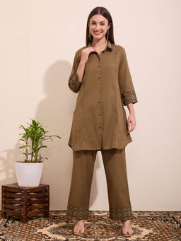 FASHOR - Women Khaki Embroidered Mirror Work Co-Ord Set