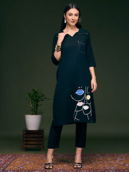 FASHOR - Women Teal Embroidered Thread Work Kurta with Pant