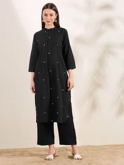 FASHOR - Women Black Embroidered Thread Work Kurta with Palazzo