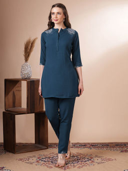 FASHOR - Women Teal Solid Embellished Co-Ord Set