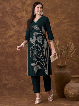 FASHOR - Women Green Floral Embroidered Kurta with Pant