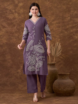 FASHOR - Women Purple Floral Embroidered Kurta with Palazzo