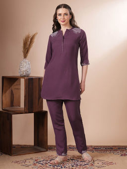 FASHOR - Women Purple Solid Embellished Co-Ord Set