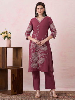 FASHOR - Women Wine Floral Embroidered Kurta with Palazzo