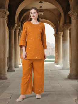 FASHOR - Women Rust Embroidered Embellished Co-Ord Set