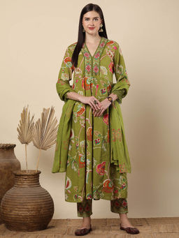 FASHOR - Women Green Floral Printed Anarkali Kurta with Pant and Dupatta