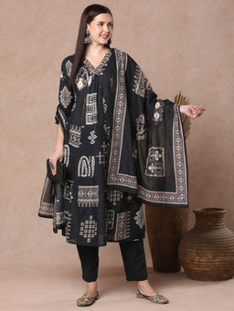 FASHOR - Women Black Printed Embroidered Kurta with Pant and Dupatta