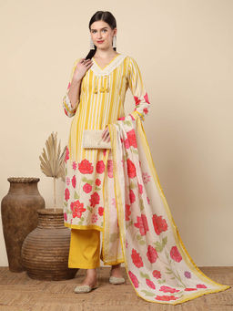FASHOR - Women Yellow Floral Printed Kurta with Palazzo and Dupatta
