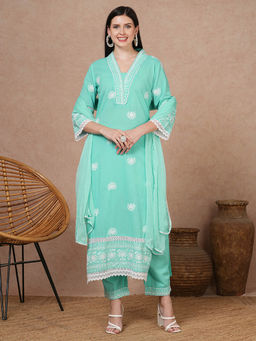 FASHOR - Women Sea Green Embroidered Thread Work Kurta with Salwar and Dupatta