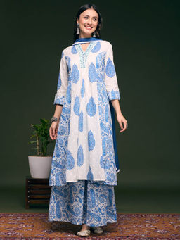 FASHOR - Women Blue-White Printed Embroidered Kurta with Palazzo and Dupatta