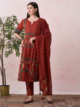 FASHOR - Women Red Floral Printed Kurta with Pant and Dupatta