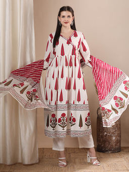 FASHOR - Women White- Red Floral Printed Angarkha Kurta with Pant and Dupatta