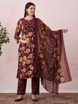 FASHOR - Women Wine Floral Printed Kurta with Pant and Dupatta