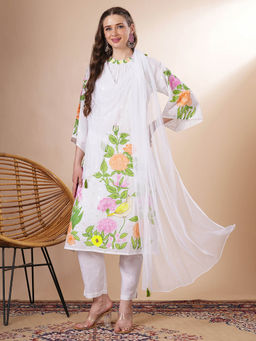 FASHOR - Women White Floral Hand Painted Job Kurta with Pant and Dupatta