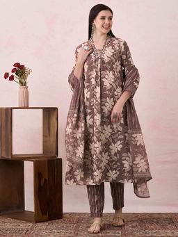 FASHOR - Women Brown Floral Printed Kurta with Pant and Dupatta