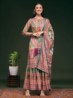 FASHOR - Women Multi-Color Printed Mirror Work Kurta with Sharara and Dupatta