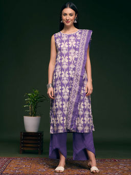 FASHOR - Women Purple Printed Embroidered Kurta with Palazzo and Dupatta