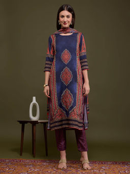 FASHOR - Women Navy Blue Stripes Printed Kurta with Pant and Dupatta