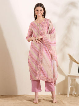 FASHOR - Women Pink Stripes Embroidered Kurta with Pant and Dupatta
