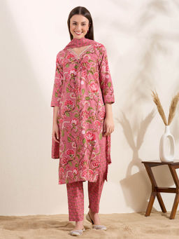 FASHOR - Women Pink Floral Printed Kurta with Pant and Dupatta