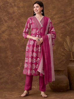 FASHOR - Women Rani Pink Printed Embroidered Kurta with Pant and Dupatta