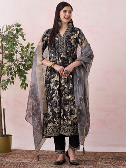 FASHOR - Women Black Floral Printed Anarkali Kurta with Pant and Dupatta