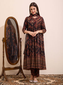FASHOR - Women Black Printed Embroidered Angarkha Kurta with Pant and Dupatta