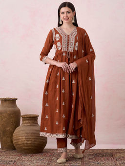 FASHOR - Women Rust Embroidered Thread Work Kurta with Pant and Dupatta