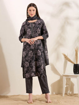 FASHOR - Women Black Floral Printed Kurta with Pant and Dupatta