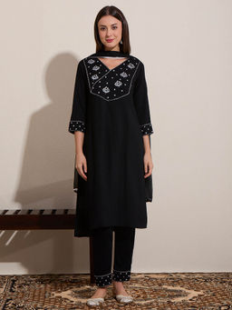 FASHOR - Women Black Floral Embroidered Kurta with Pant and Dupatta