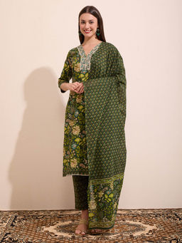 FASHOR - Women Green Floral Embroidered Kurta with Pant and Dupatta