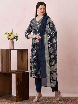 FASHOR - Women Navy Blue Abstract Printed Kurta with Pant and Dupatta