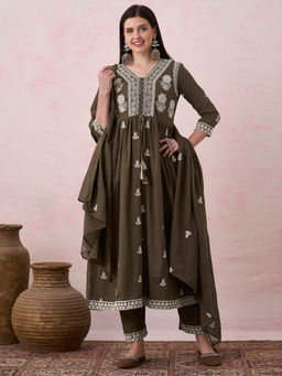 FASHOR - Women Olive Embroidered Thread Work Kurta with Pant and Dupatta