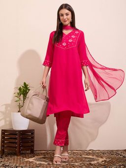FASHOR - Women Pink Floral Embroidered Kurta with Pant and Dupatta