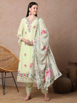 FASHOR - Women Yellow Floral Embroidered Kurta with Pant and Dupatta