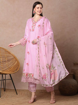 FASHOR - Women Pink Floral Embroidered Kurta with Pant and Dupatta