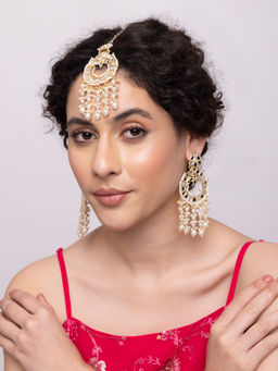 Indya - Gold Mirror Pearl Beaded Earring Maangtika Set (Set of 2)