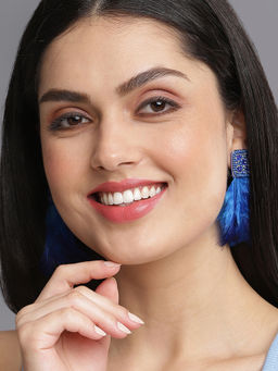 Sohi - Blue Tassled Beaded Designer Square Drop Earrings