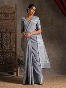 Triyah - Silver Grey Woven Cotton Saree with Unstitched Blouse