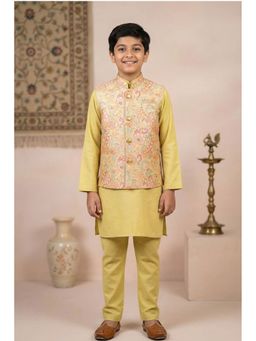 Lagorii - Yellow Embroidered Regular Kurta with Nehru Jacket and Pyjama