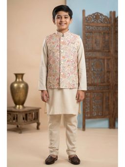 Lagorii - Cream Embroidered Regular Kurta with Nehru Jacket and Pyjama