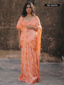 Baaro Masi - Light Coral Vegan Satin Draped Saree with Stitched Blouse