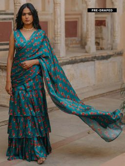 Baaro Masi - Teal Vegan Satin Draped Saree with Stitched Blouse